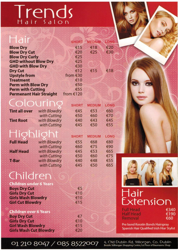 Our Price List - Trends Hair Salon